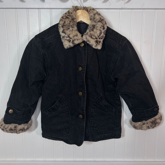 KC Collections Other - Vtg 90s Denim Jacket Girls Glam Black Faux Leopard Fur KC Collections Size L